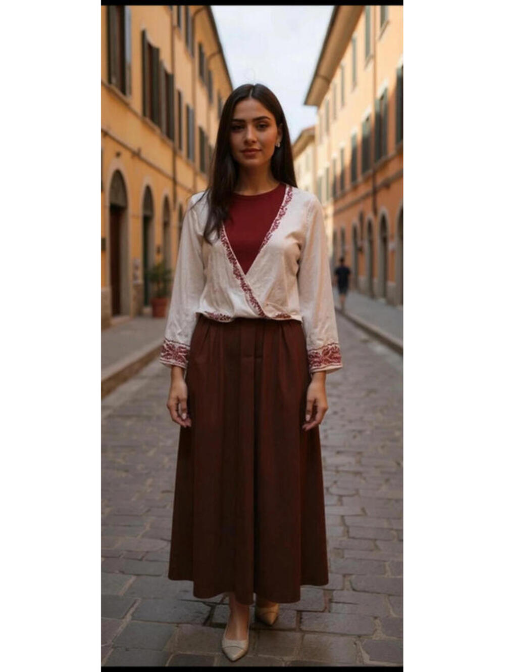 Ecote womens blouse cross small beige embroidered orange lace hem boho peasant